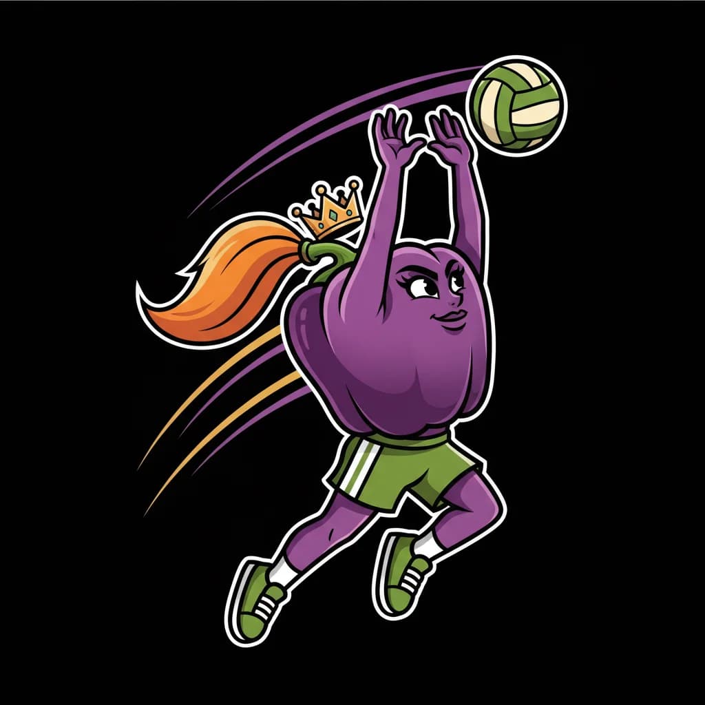 Pepper Belle mascot - pink bell pepper playing volleyball